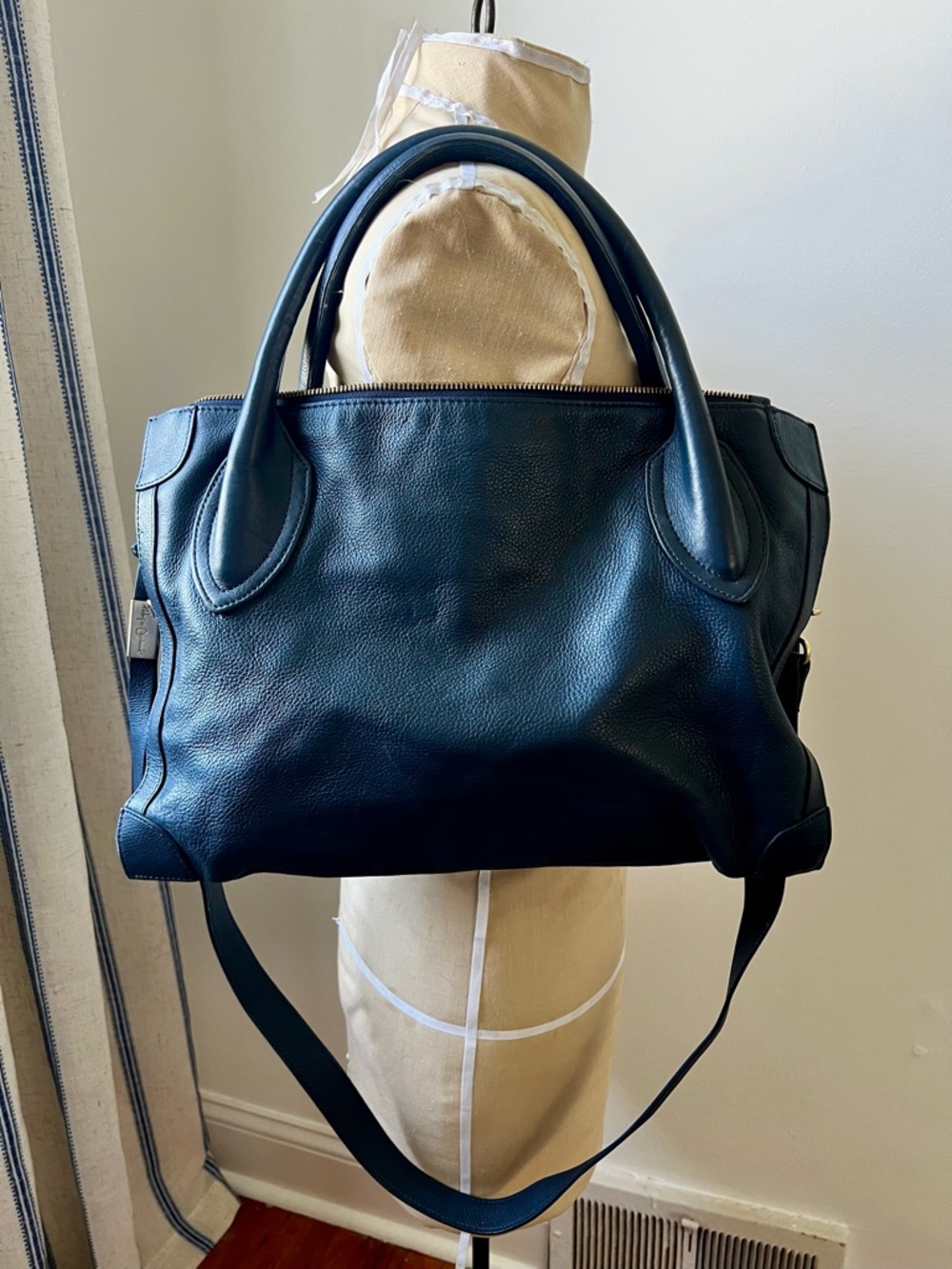 Foley + Corinna navy crossbody tote with gold hardware